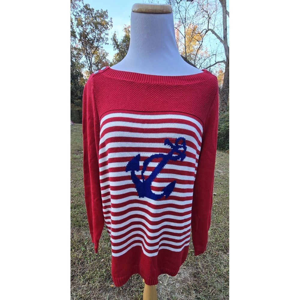 NEW Talbots Womens Sz 1XP Knit Sweater Red White Blue Anchor Striped Nautical